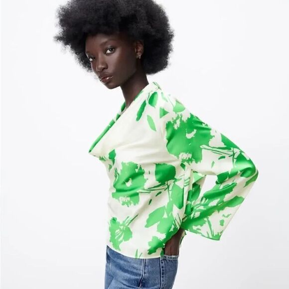 ZARA PRINTED BLOUSE WITH FLOWING NECKLINE - Picture 3 of 8